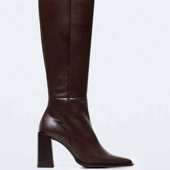 Mango Square-toe Brown Leather knee-high Boots Size 37 Chocolate, Made in Spain - Picture 1 of 9
